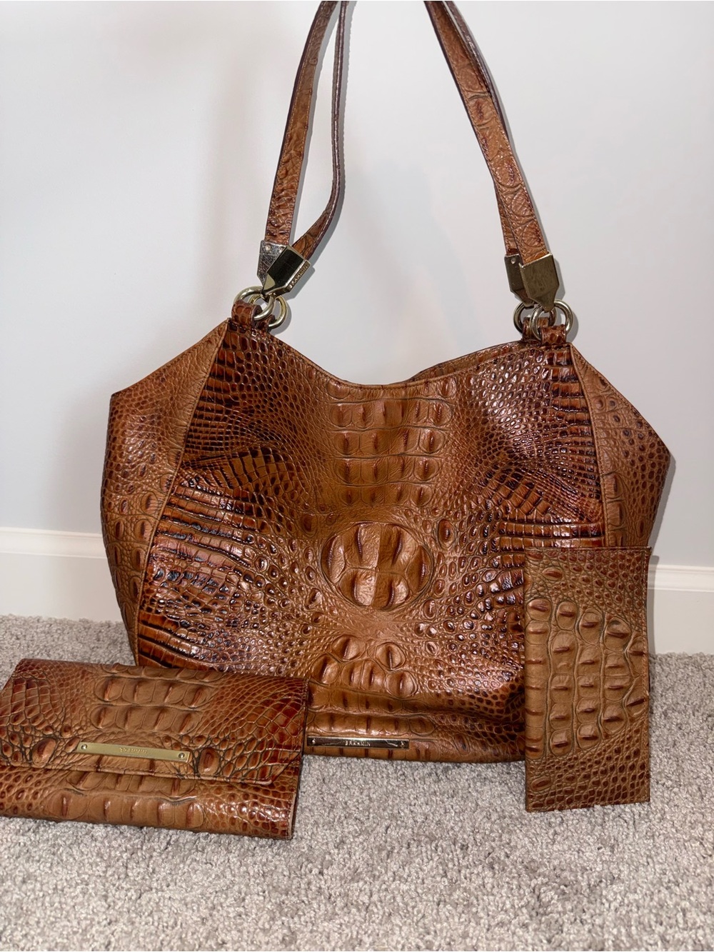 Brahmin Cognac Croc-Embossed Tote with Matching Wallets
